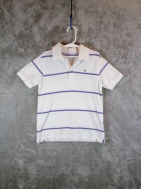 Boys Tommy Hilfiger White Polo Shirt with Blue Stripes Size 6/7